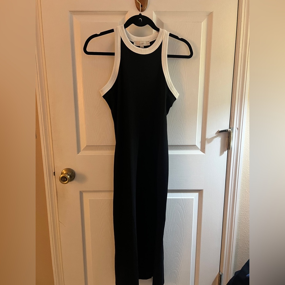 LOFT Black & White Contrast Trim Midi Dress